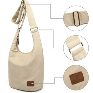 Beige Canvas Sling Bag with Leather Accent